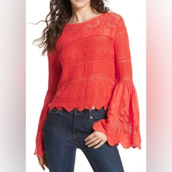 Free People Red Lace Bell Sleeve Top - Picture 2 of 15